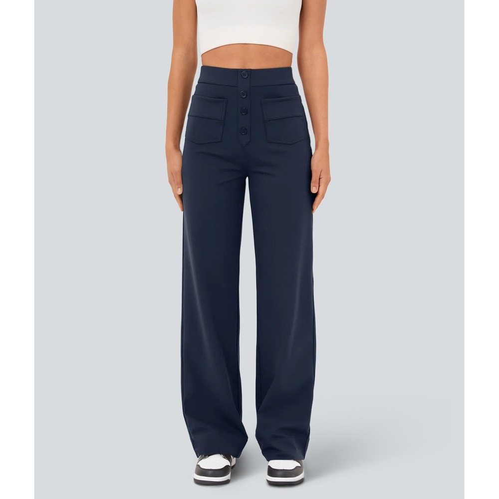 Halara Wide Leg Button Front Athleisure Trousers Pants Size S Petite Navy Blue